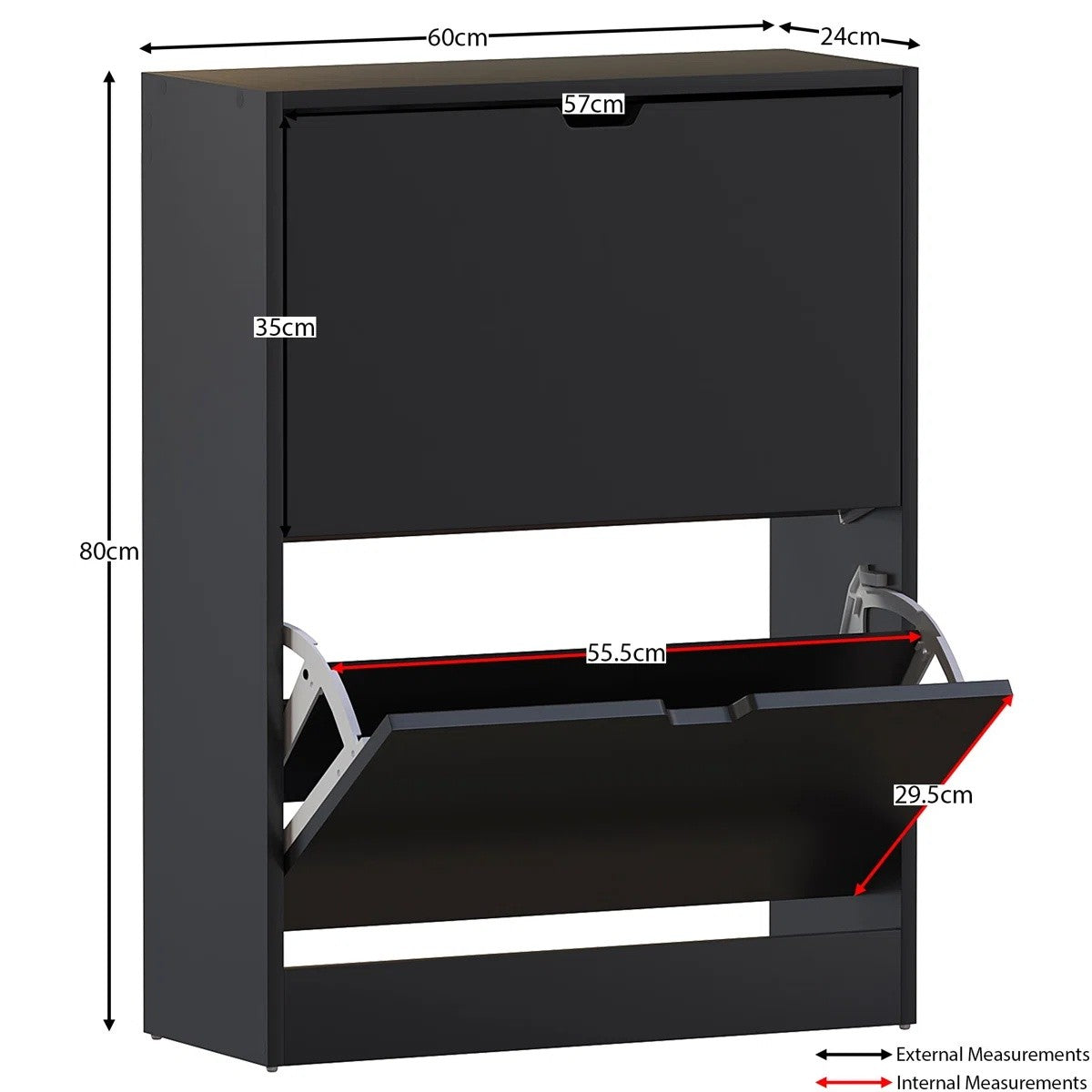 Modern Home matte black two-tier shoe storage cabinet with pull-down drawers and annotated dimensions for narrow spaces.