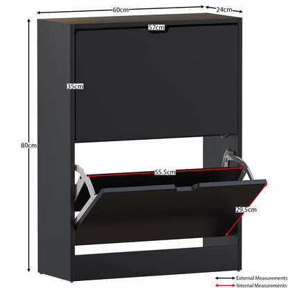Modern Home matte black two-tier shoe storage cabinet with pull-down drawers and annotated dimensions for narrow spaces.