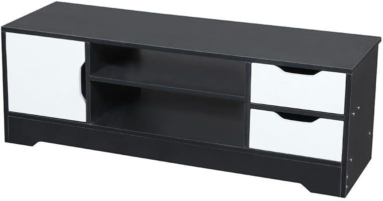 Modern Home two-tone black and white media console with open shelving, a side cabinet, and two storage drawers.