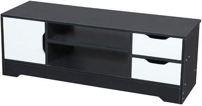 Modern Home two-tone black and white media console with open shelving, a side cabinet, and two storage drawers.
