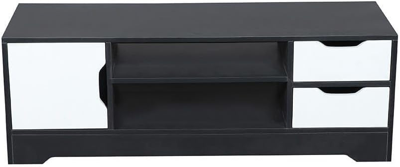 Modern Home contemporary two-tone black and white media console with open shelving, a side cabinet, and two drawers.