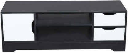 Modern Home contemporary two-tone black and white media console with open shelving, a side cabinet, and two drawers.