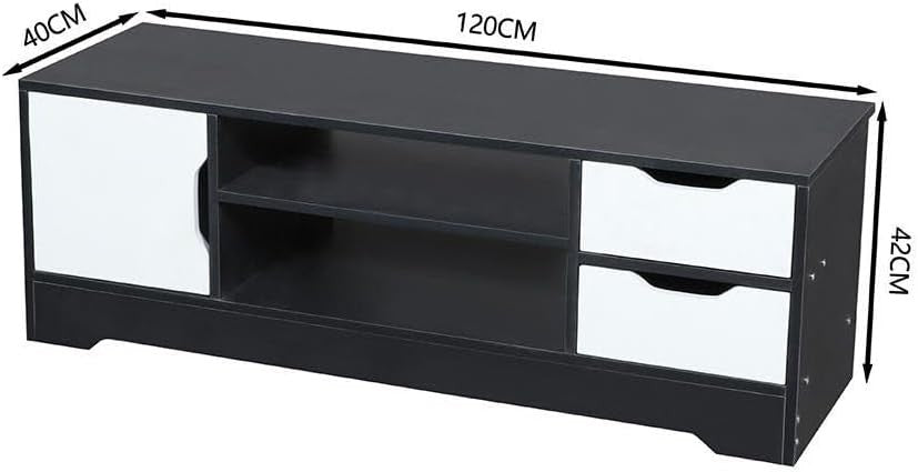 Modern Home contemporary two-tone black and white media console with open shelving, side cabinet, and two drawers.