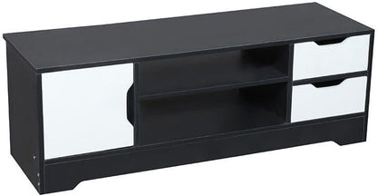 Modern Home two-tone black and white media console with open shelving, a side cabinet, and two drawers.