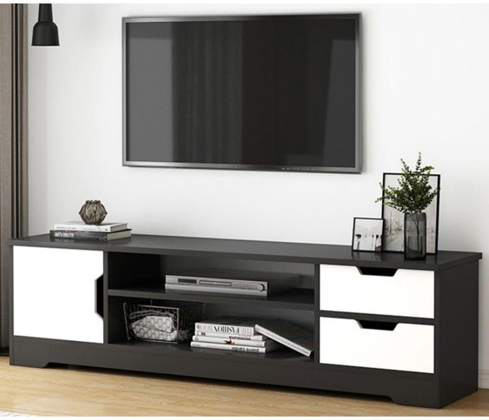 Modern Home contemporary black and white media console with open shelving, side cabinet, and two drawers.