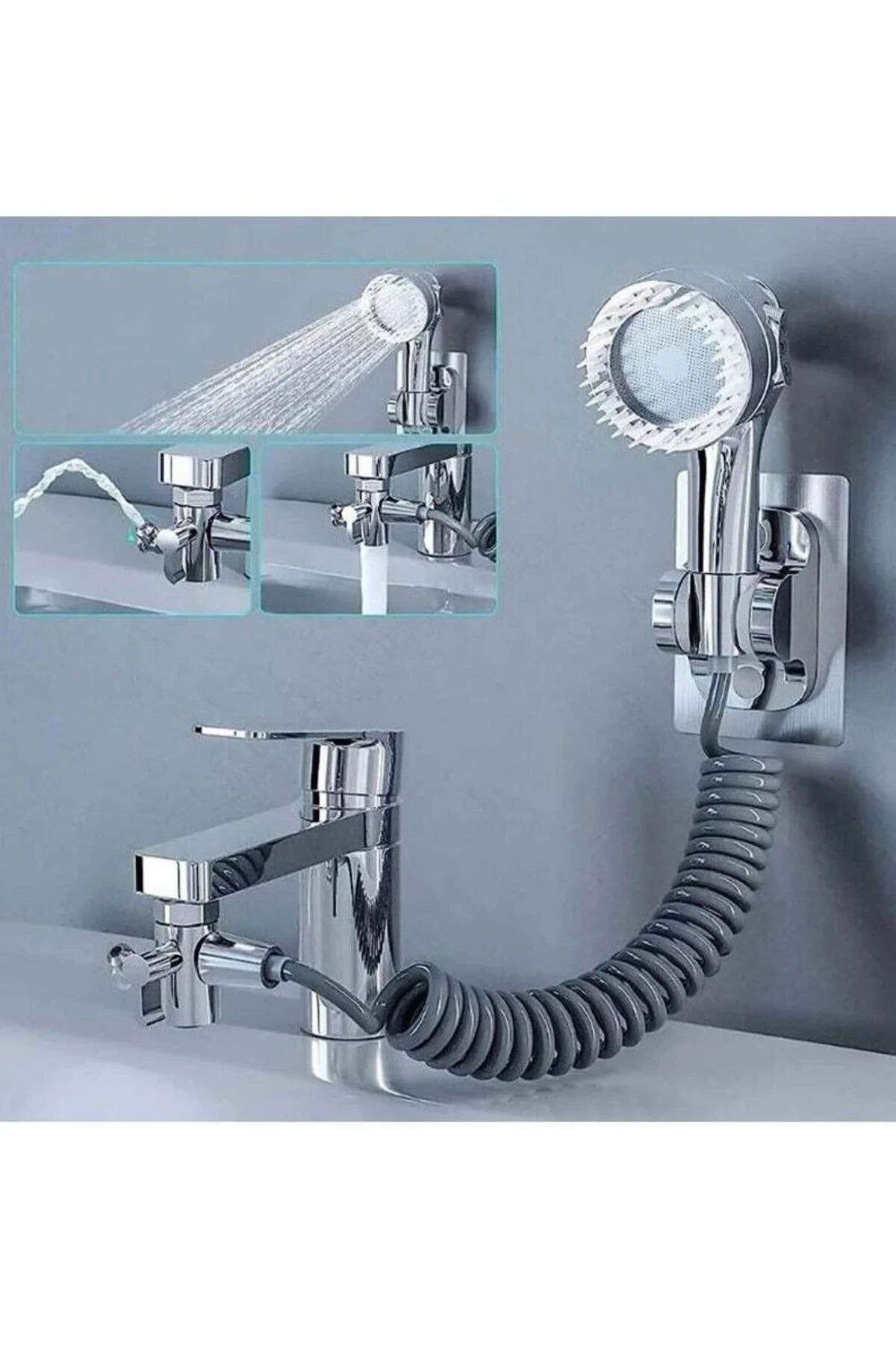 Modern Home chrome bathroom sink faucet attachment with handheld sprayer, coiled hose, and wall-mount bracket.