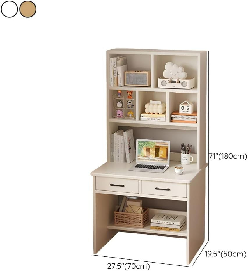 Modern Home compact off-white study desk with integrated bookshelf, two drawers, and open storage shelves.