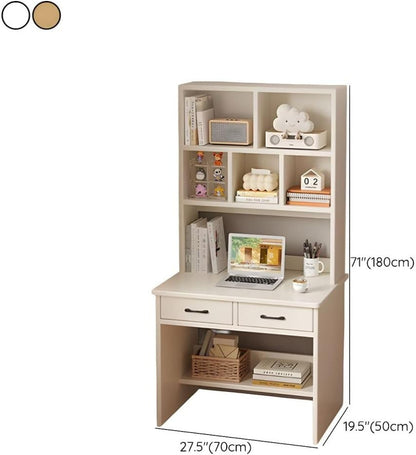 Modern Home compact off-white study desk with integrated bookshelf, two drawers, and open storage shelves.