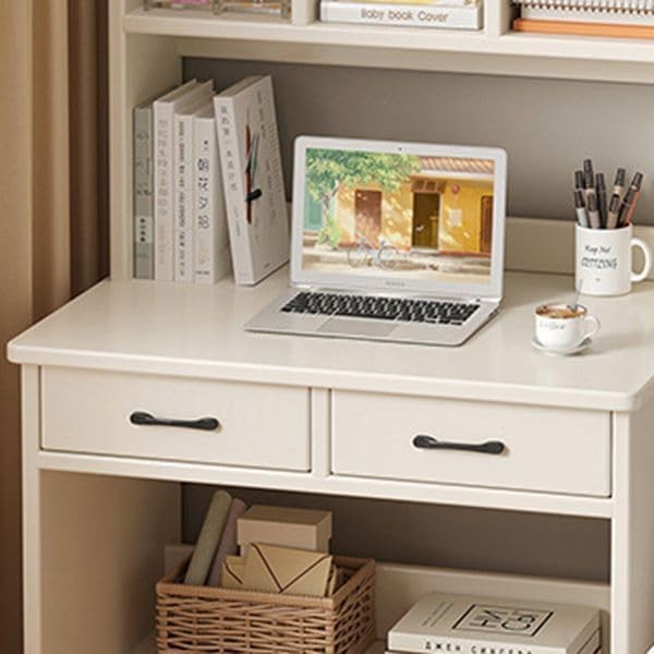 Modern Home compact off-white study desk with integrated bookshelf, two storage drawers, and open shelving compartments.