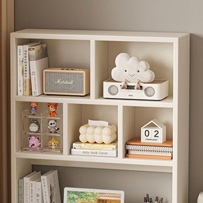 Modern Home off-white compact study desk hutch with open shelving for books, decor, and tech accessories.