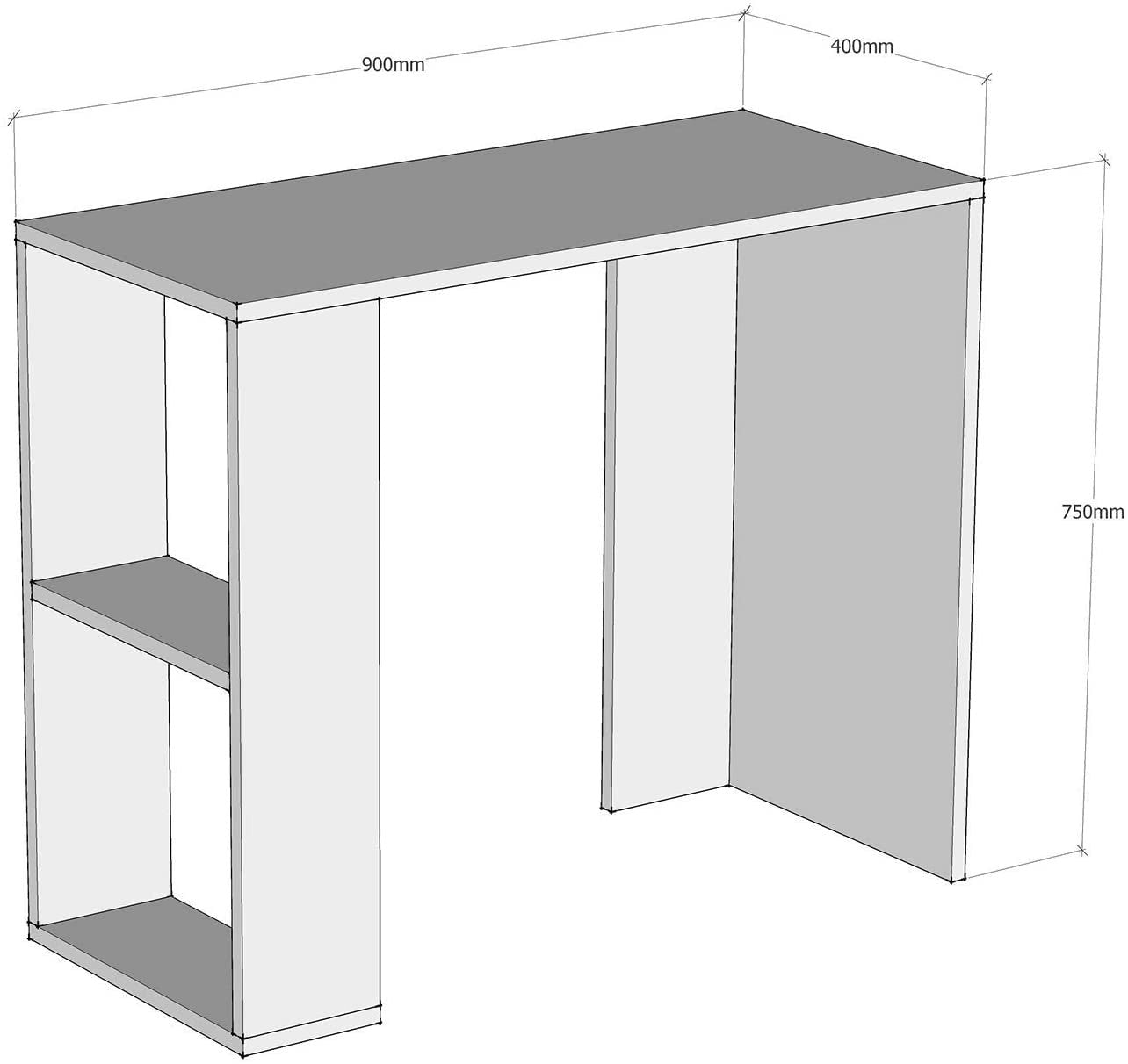 Modern Home compact work and study desk with integrated side storage shelves and dimensions in a minimalist design.