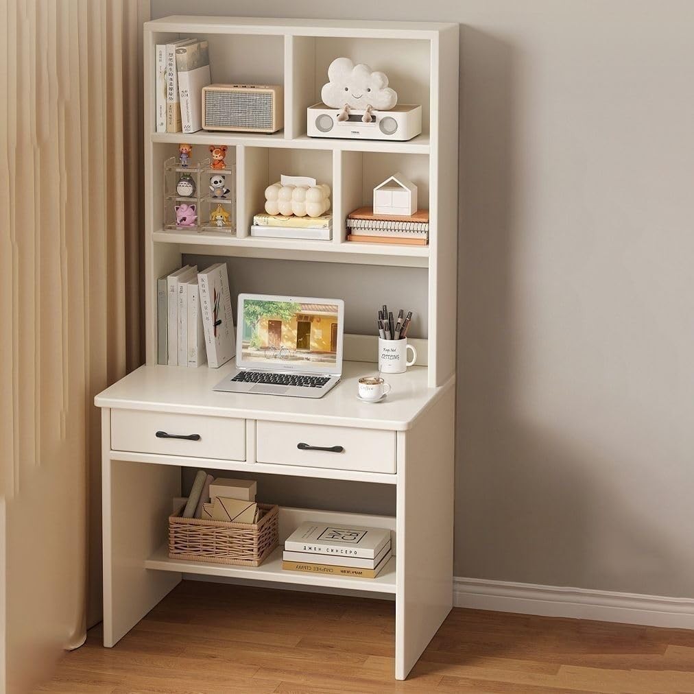 Modern Home compact off-white study desk with integrated hutch, open shelving, and two drawers with black hardware.