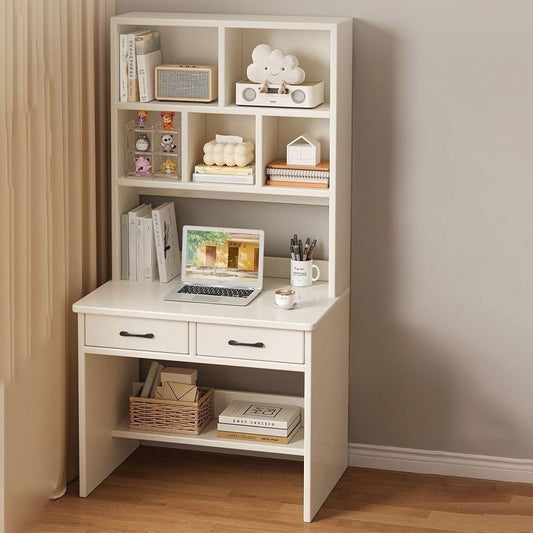 Modern Home compact off-white study desk with integrated hutch, open shelving, and two drawers with black hardware.
