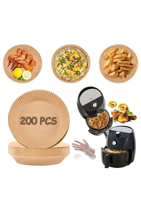 Modern Home 200-piece set of round, non-stick disposable parchment paper liners for air fryer cooking with gloves.