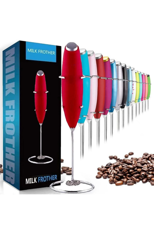 Modern Home handheld electric milk frother with stainless steel whisk and stand, available in various vibrant colors.