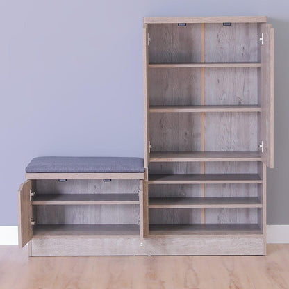 Modern Home entryway shoe storage bench and cabinet with light wood grain finish and grey upholstered seat cushion