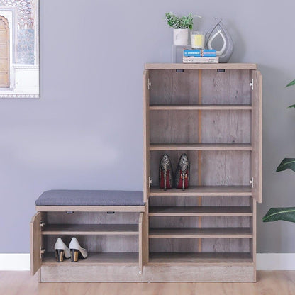 Modern Home entryway shoe storage bench and tall cabinet with a light wood-grain finish and grey upholstered seat.