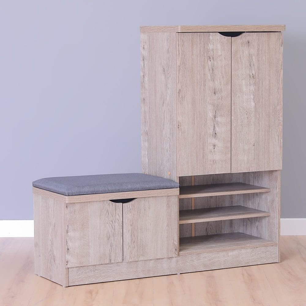 Modern Home entryway shoe storage bench and cabinet with light wood-grain finish and grey upholstered seat cushion.