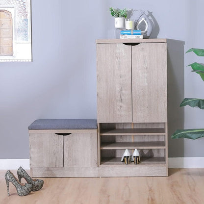 Modern Home entryway shoe storage bench and cabinet with light wood finish, grey cushion, and open shelving.