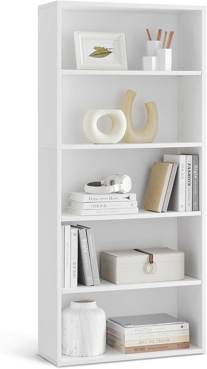Modern Home five-tier white storage bookcase with open shelves styled with books, decor, and a storage box.