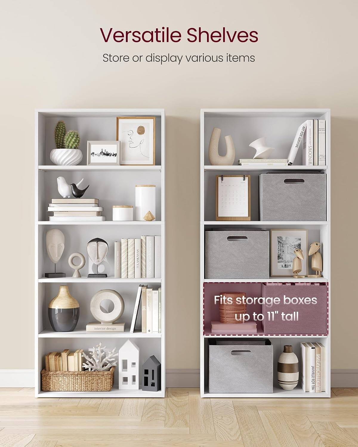 Modern Home five-tier white tall storage bookcase with open shelves styled with books, decor, and grey storage bins.