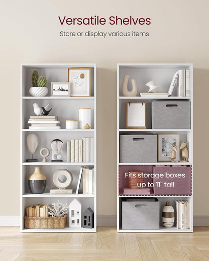 Modern Home five-tier white tall storage bookcase with open shelves styled with books, decor, and grey storage bins.