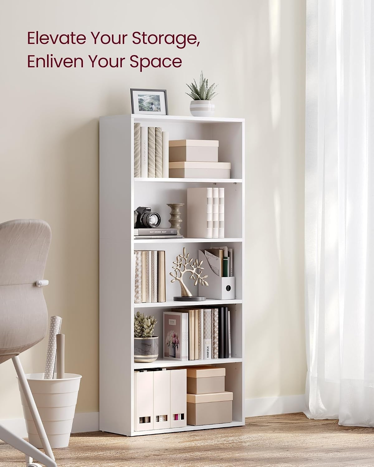 Modern Home five-tier tall white bookshelf styled with books, decor, and storage boxes in a bright living room.