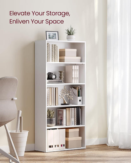 Modern Home five-tier tall white bookshelf styled with books, decor, and storage boxes in a bright living room.