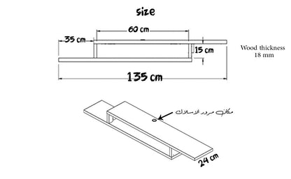 Modern Home white wall-mounted floating TV stand technical diagram showing 135 cm dimensions and cable management hole