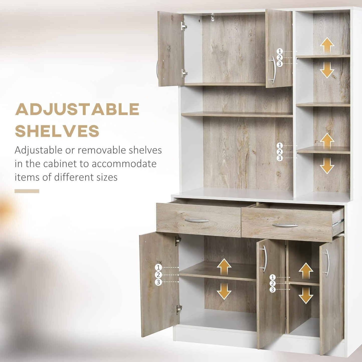 Modern Home kitchen pantry cabinet with white frame, wood-grain doors, drawers, and adjustable shelving units.