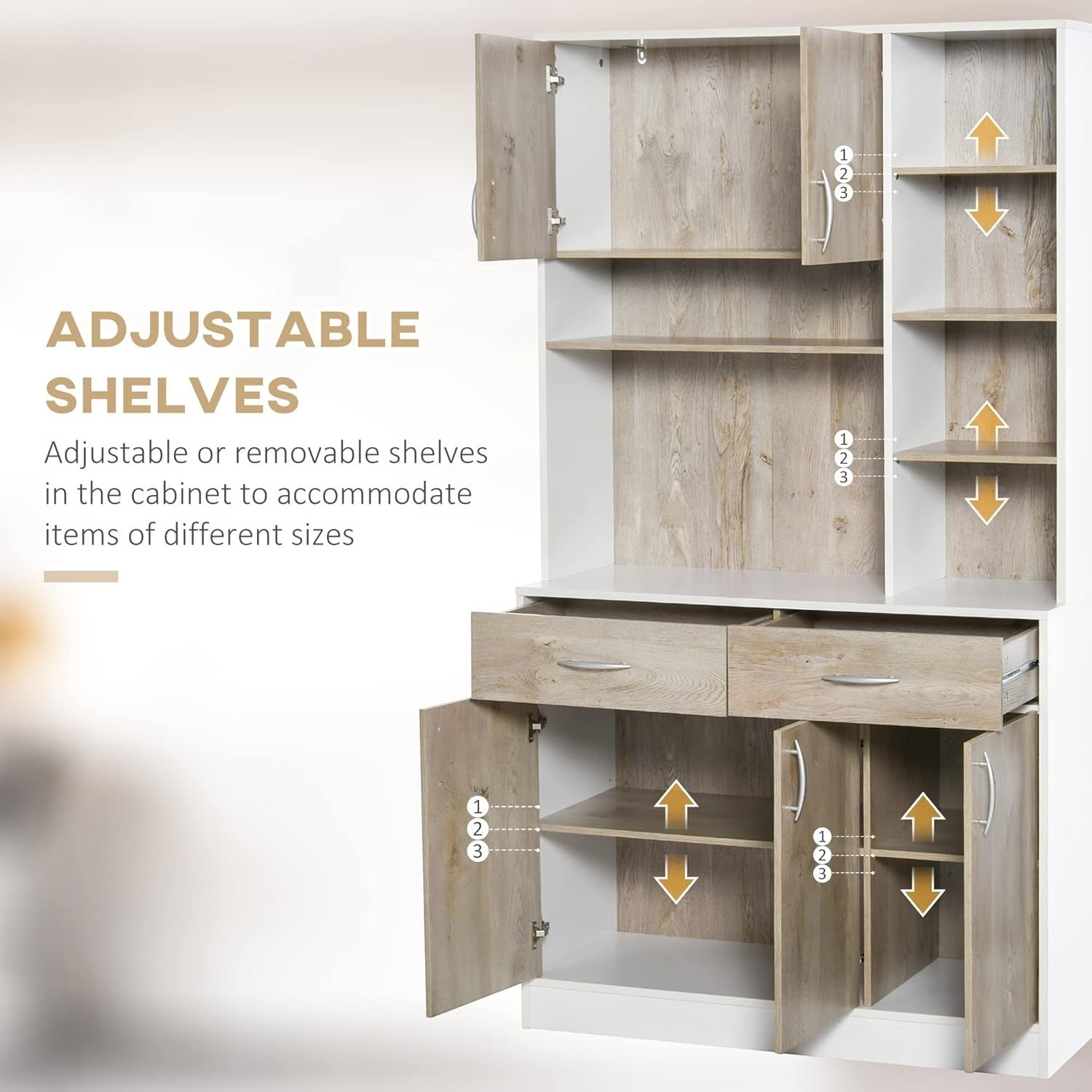 Modern Home kitchen pantry cabinet with white frame, wood-grain doors, drawers, and adjustable shelving units.