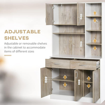 Modern Home kitchen pantry cabinet with white frame, wood-grain doors, drawers, and adjustable shelving units.