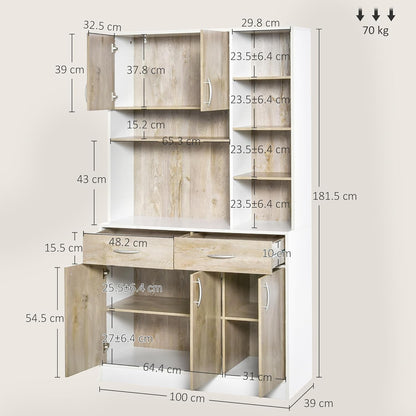 Modern Home large kitchen pantry cabinet with white frame, wood-grain doors, adjustable shelves, and drawer dimensions.