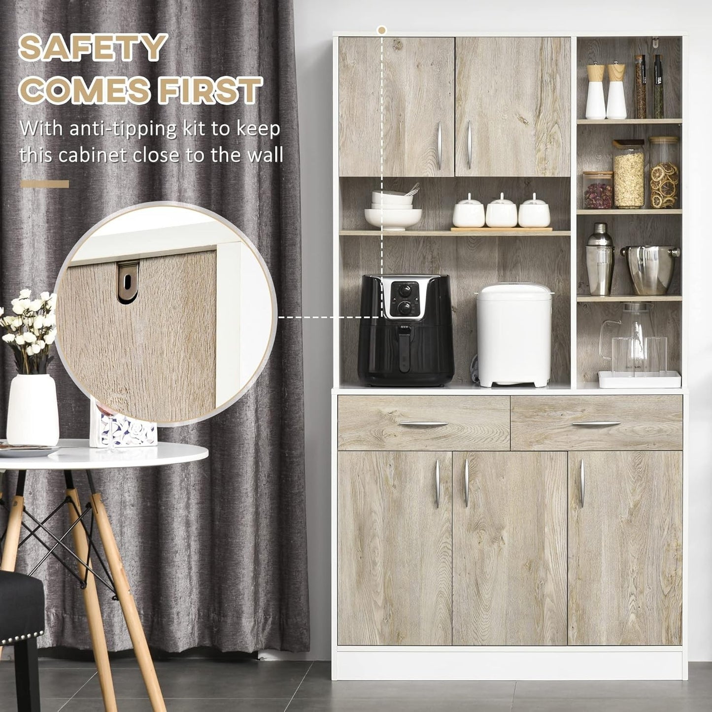 Modern Home kitchen pantry cabinet with white frame, wood-grain doors, adjustable shelves, and anti-tipping safety kit