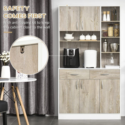 Modern Home kitchen pantry cabinet with white frame, wood-grain doors, adjustable shelves, and anti-tipping safety kit