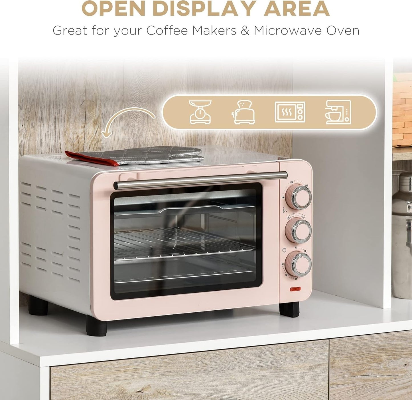 Modern Home kitchen pantry cabinet open display shelf holding a pink toaster oven with icons for small appliances.