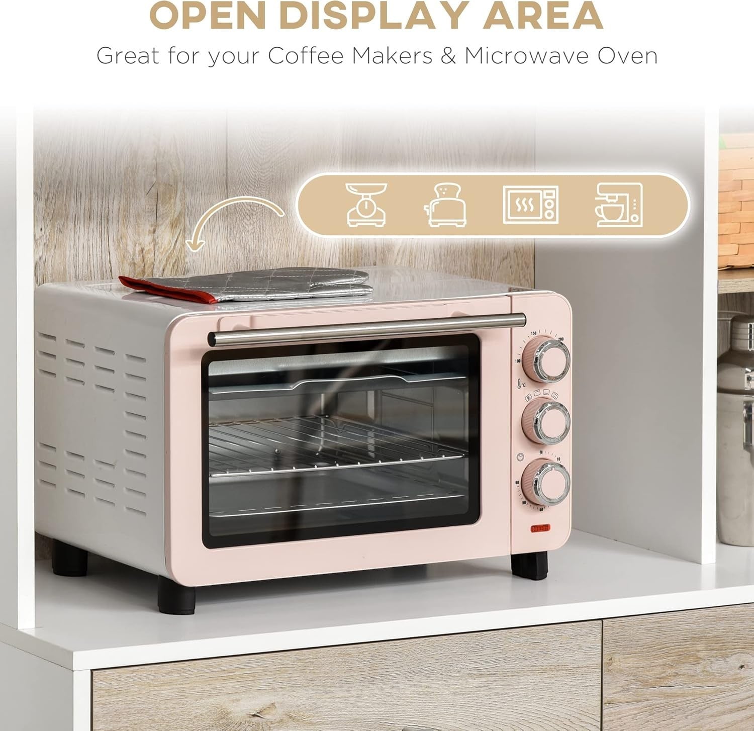 Modern Home kitchen pantry cabinet open display shelf holding a pink toaster oven with icons for small appliances.