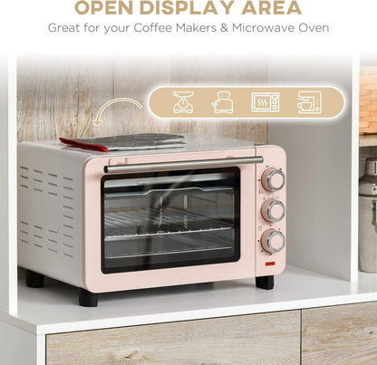 Modern Home kitchen pantry cabinet open display shelf holding a pink toaster oven with icons for small appliances.
