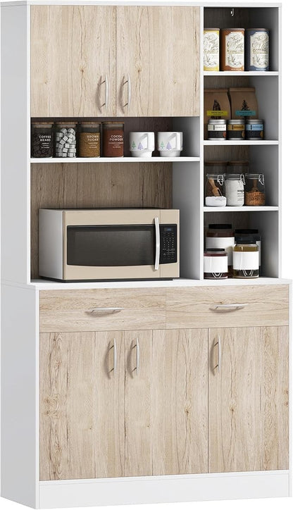 Modern Home large kitchen pantry cabinet with white frame, wood-grain doors, microwave shelf, and adjustable storage.