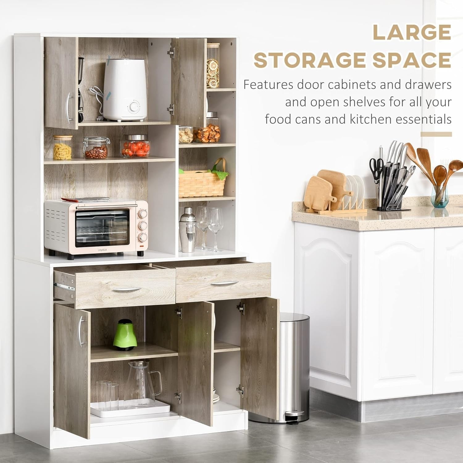 Modern Home large kitchen pantry cabinet with white frame, wood-grain doors, open shelves, and storage drawers.