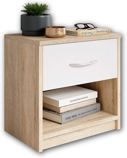 Modern Home bedside table in light oak wood finish with a white drawer and aluminum handle, featuring an open shelf.
