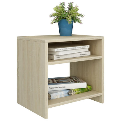 Modern Home light wood bedside table with an open shelf for books and a small potted plant on top