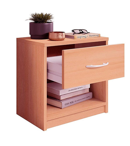 Modern Home light wood bedside table with an open shelf and a single drawer featuring an aluminum handle.