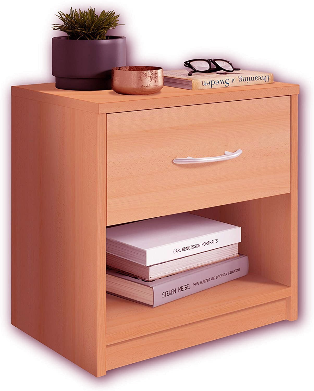 Modern Home light wood bedside table with a storage drawer and open shelf, featuring an aluminum handle.