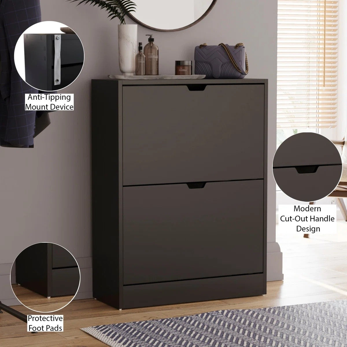 Modern Home matte black two-tier shoe storage cabinet with pull-down drawers and minimalist cut-out handles.