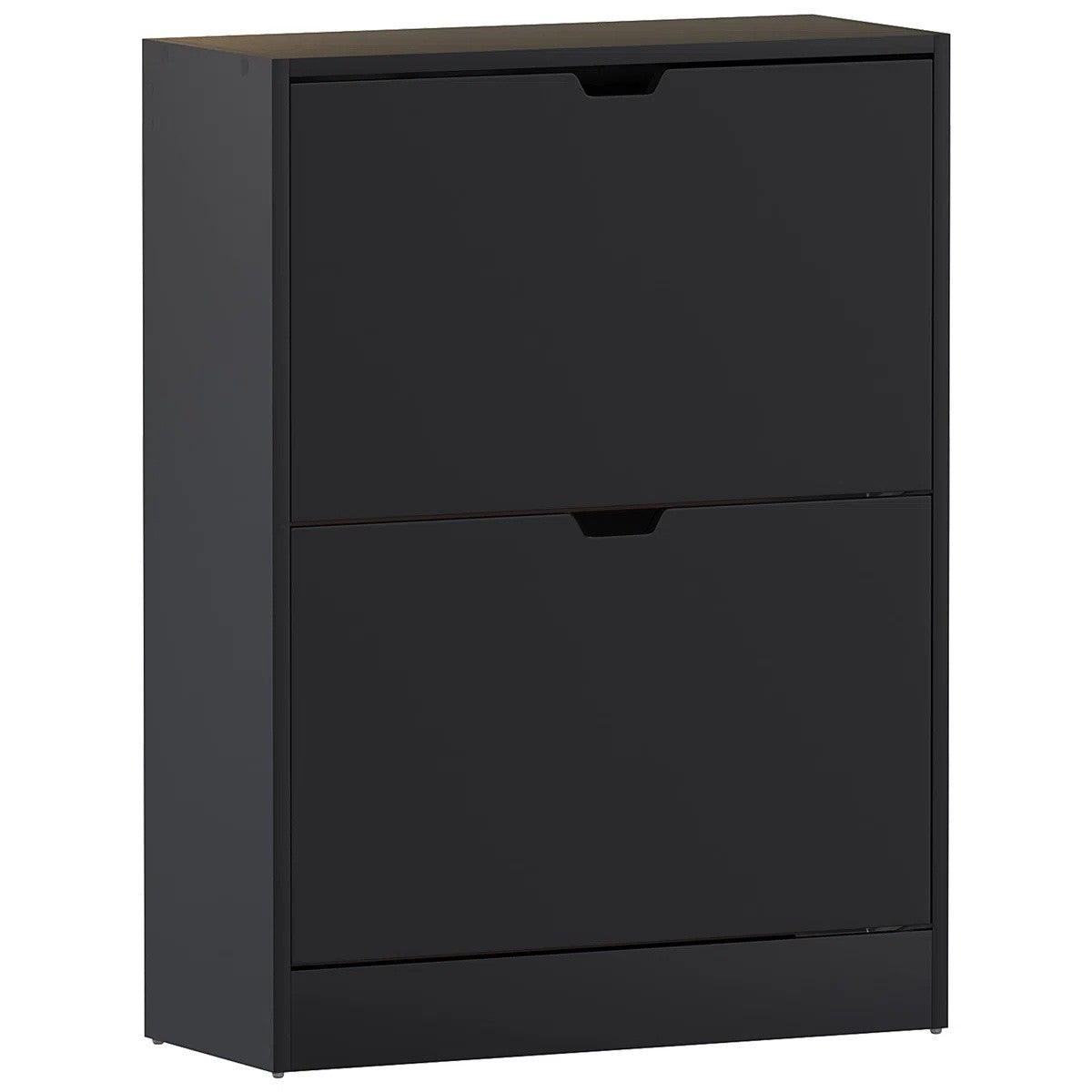 Modern Home two-tier matte black shoe storage cabinet with a slim, minimalist design and pull-down compartments.
