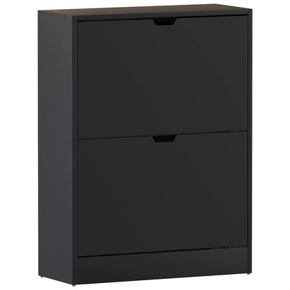 Modern Home two-tier matte black shoe storage cabinet with a slim, minimalist design and pull-down compartments.