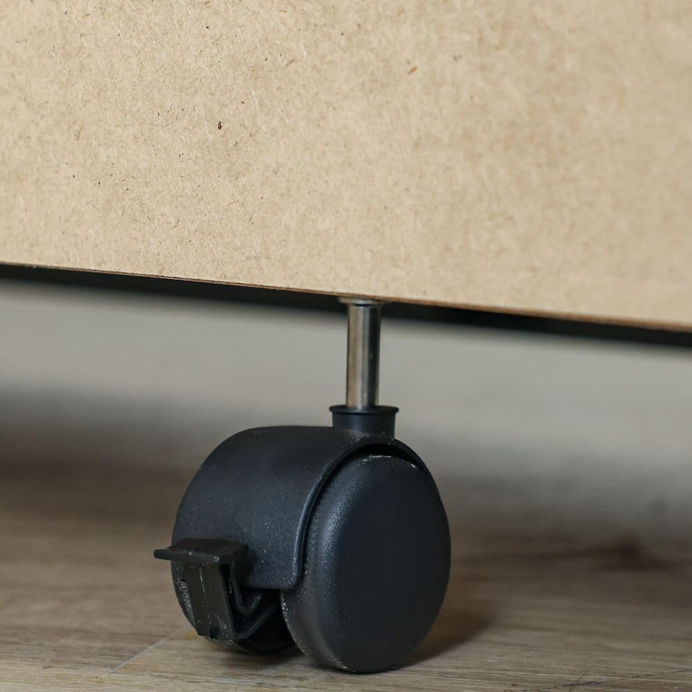Modern Home media console black caster wheel with locking mechanism attached to the base of the furniture unit