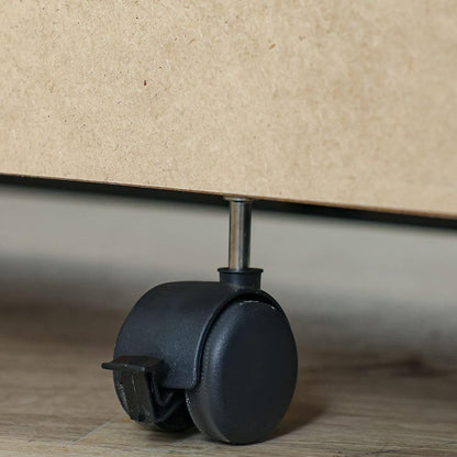Modern Home media console black caster wheel with locking mechanism attached to the base of the furniture unit