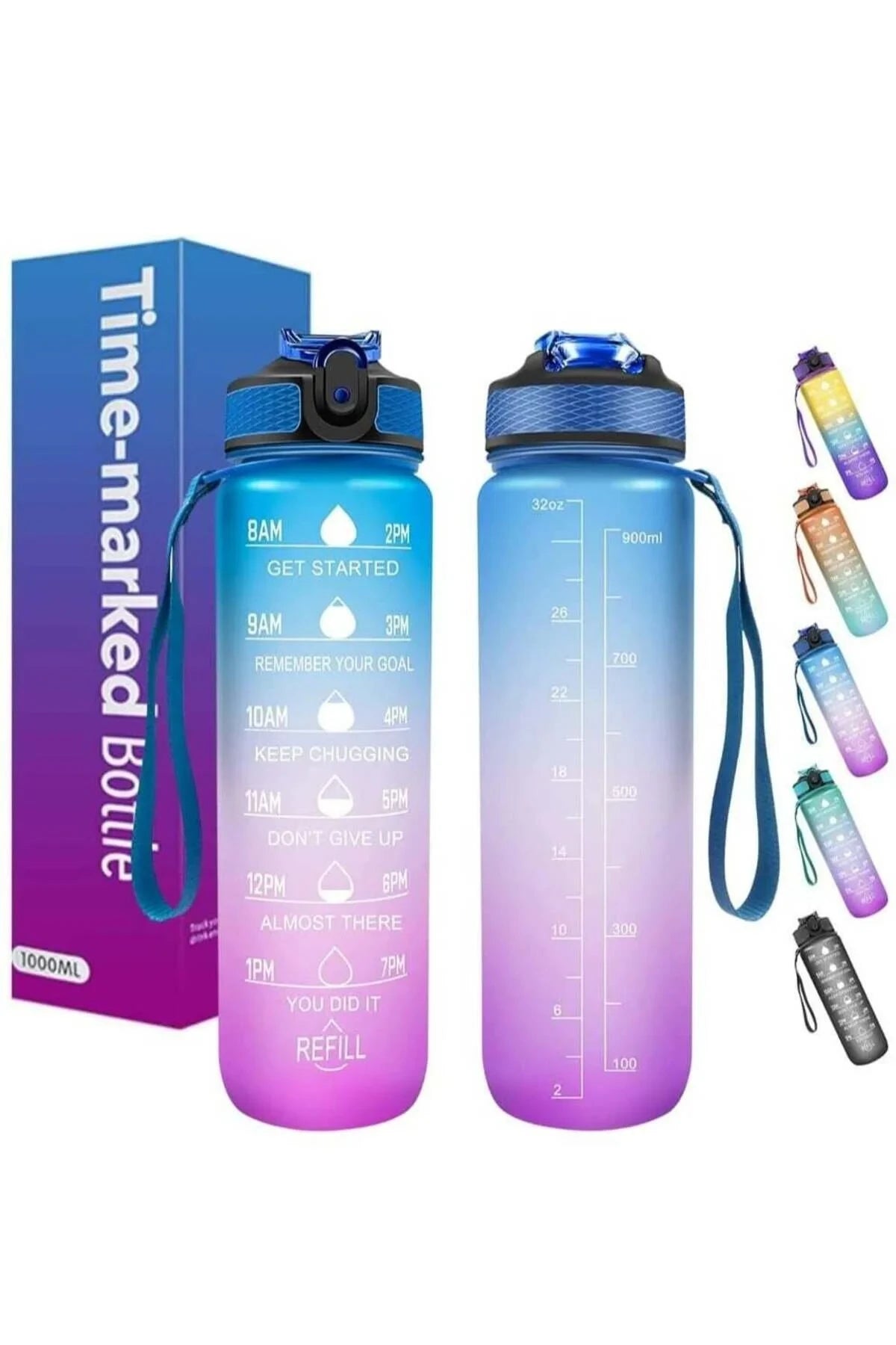 Modern Home 1000ml motivational water bottle with blue and purple gradient, time markers, and leak-proof flip-top lid.